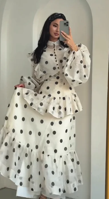 Polka Dot Maxi Dress Stand Collar Puff Sleeves See Through Ruffle Chic Vacation Party for Women