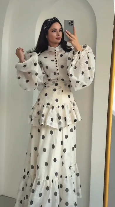 Polka Dot Maxi Dress Stand Collar Puff Sleeves See Through Ruffle Chic Vacation Party for Women