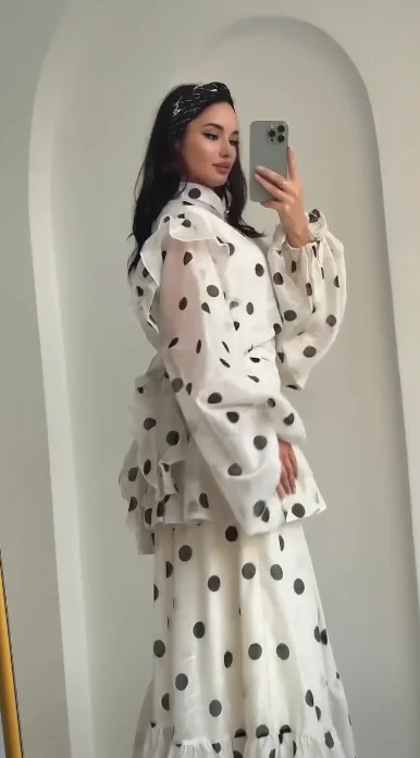 Polka Dot Maxi Dress Stand Collar Puff Sleeves See Through Ruffle Chic Vacation Party for Women