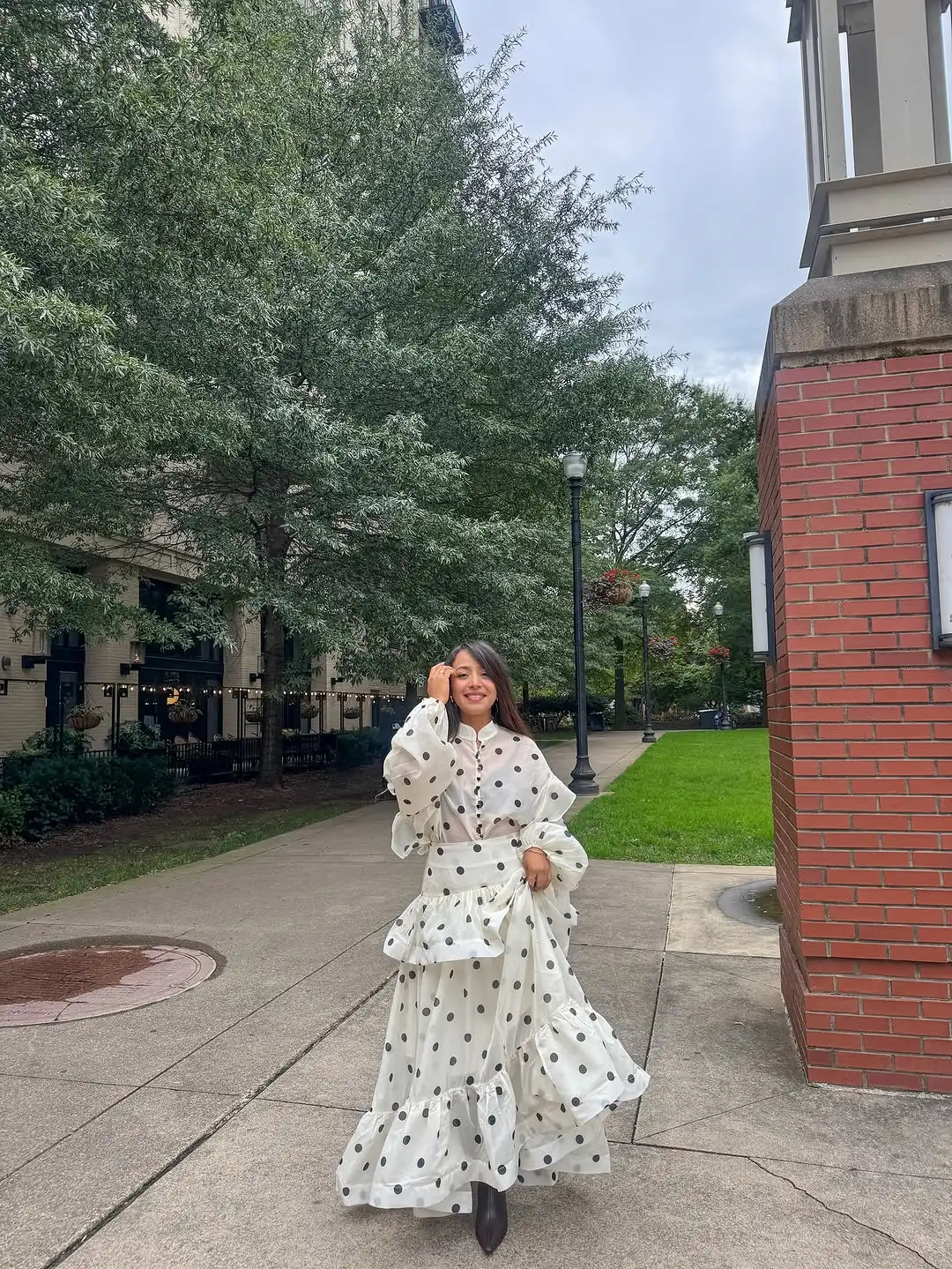 Polka Dot Maxi Dress Stand Collar Puff Sleeves See Through Ruffle Chic Vacation Party for Women