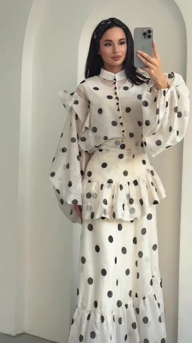 Polka Dot Maxi Dress Stand Collar Puff Sleeves See Through Ruffle Chic Vacation Party for Women