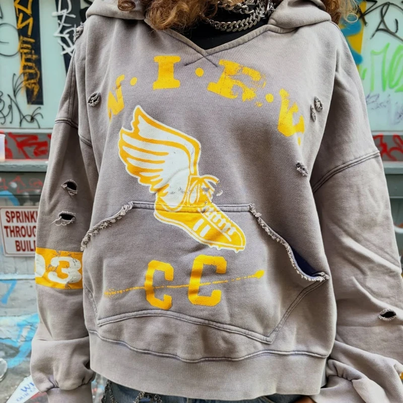 Y2K College Grey Sweatshirt Winged Sneaker Graphic Ripped Crop Hoodie American Retro Hip Hop Streetwear Unisex Oversize Clothing