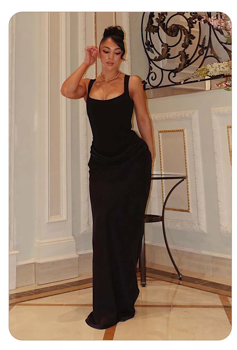 VC Elegant Yellow Bodycon Maxi Dress For Women Square Neck Sleeveless Lace-up Corset Waist Slim Fit Evening Party Long Dresses
