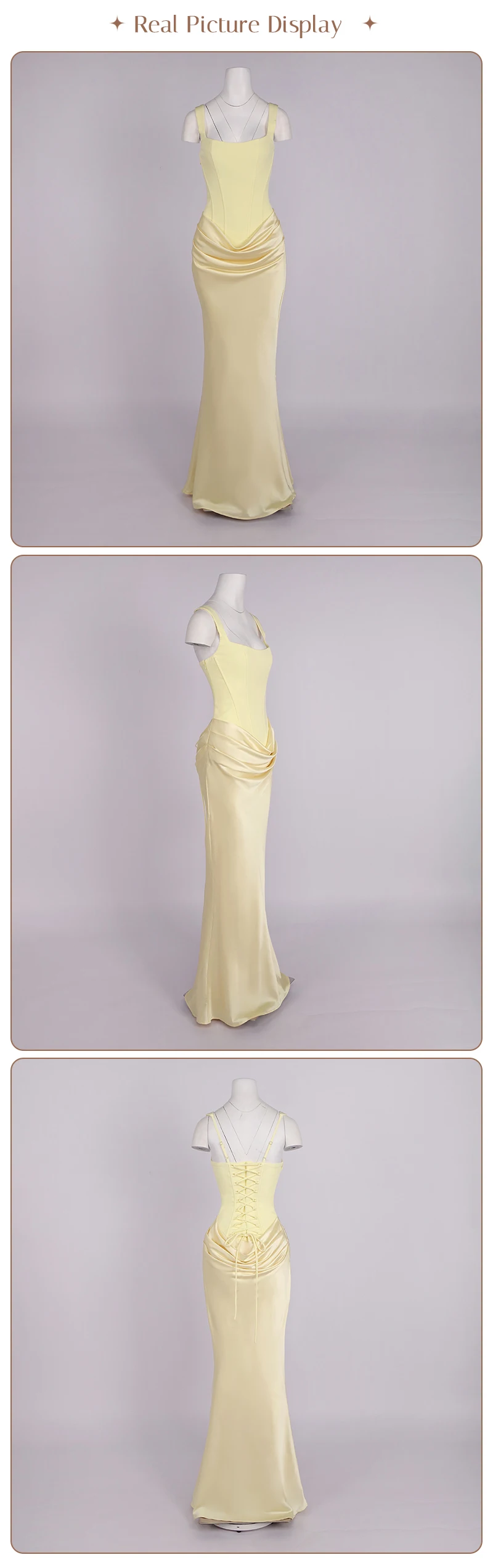 VC Elegant Yellow Bodycon Maxi Dress For Women Square Neck Sleeveless Lace-up Corset Waist Slim Fit Evening Party Long Dresses