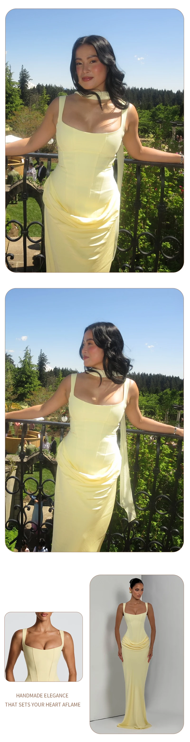 VC Elegant Yellow Bodycon Maxi Dress For Women Square Neck Sleeveless Lace-up Corset Waist Slim Fit Evening Party Long Dresses