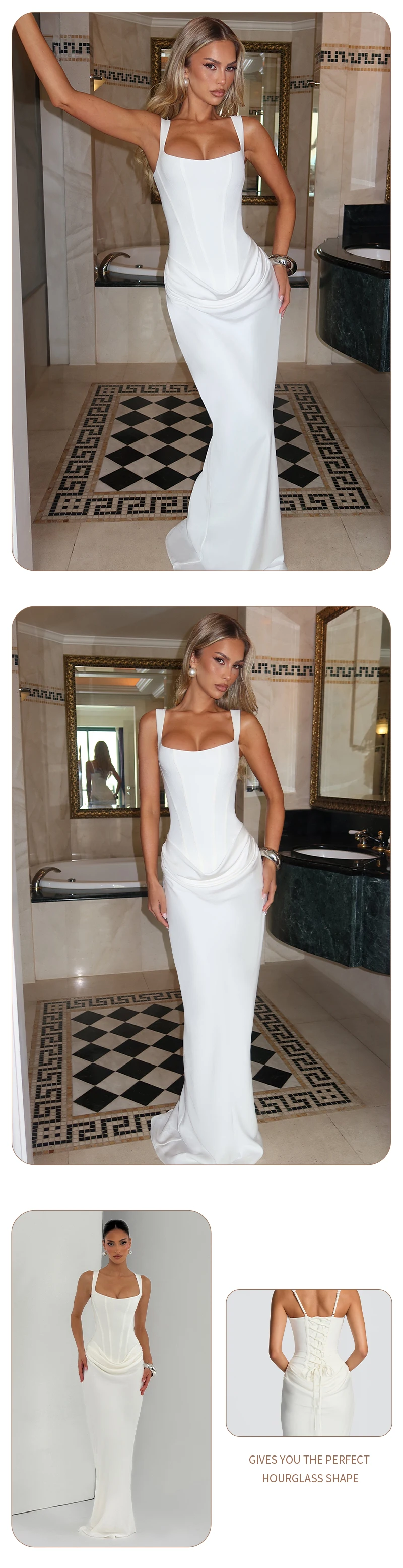 VC Elegant Yellow Bodycon Maxi Dress For Women Square Neck Sleeveless Lace-up Corset Waist Slim Fit Evening Party Long Dresses