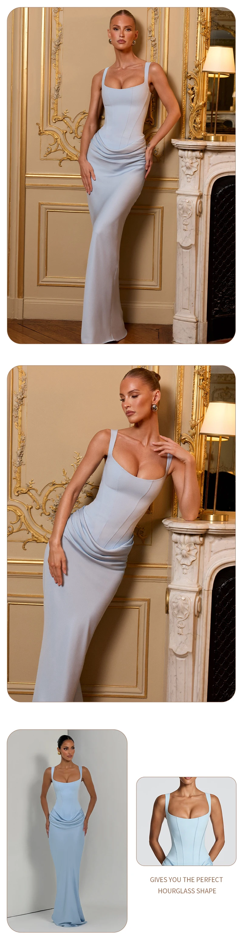 VC Elegant Yellow Bodycon Maxi Dress For Women Square Neck Sleeveless Lace-up Corset Waist Slim Fit Evening Party Long Dresses