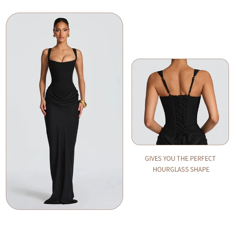 VC Elegant Yellow Bodycon Maxi Dress For Women Square Neck Sleeveless Lace-up Corset Waist Slim Fit Evening Party Long Dresses