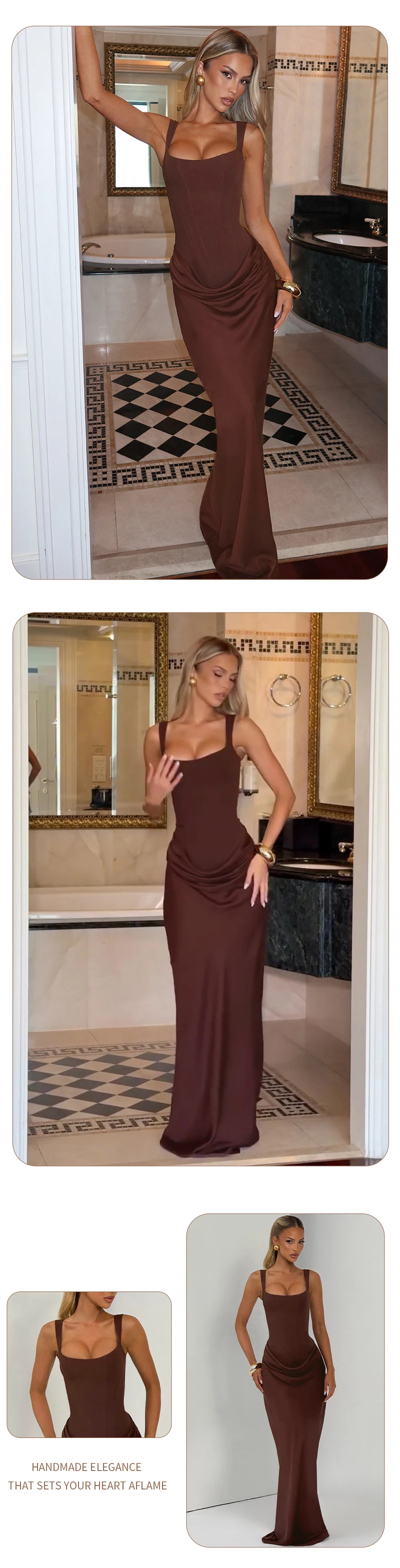 VC Elegant Yellow Bodycon Maxi Dress For Women Square Neck Sleeveless Lace-up Corset Waist Slim Fit Evening Party Long Dresses