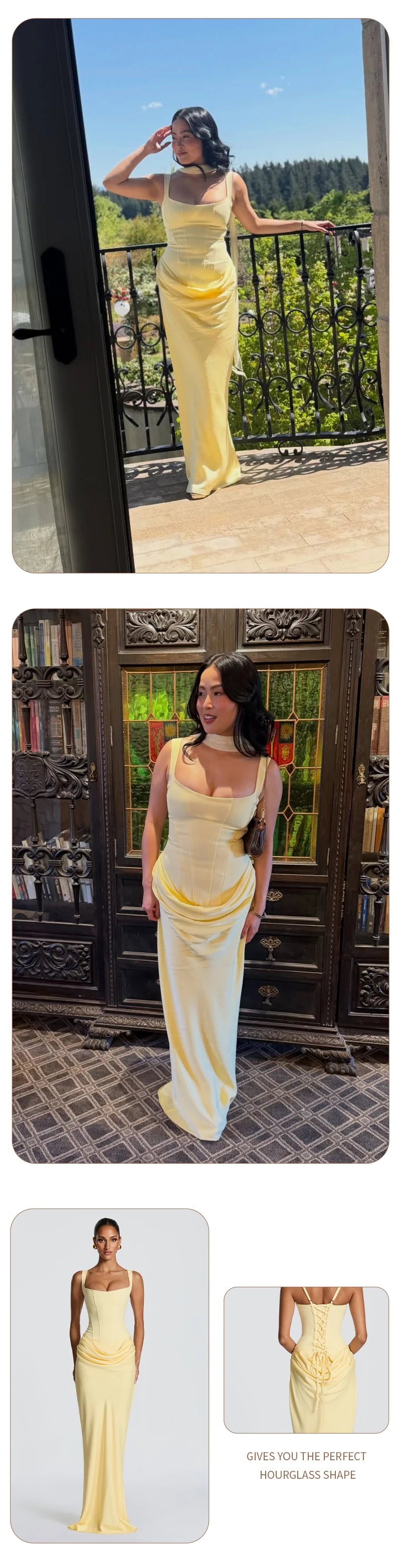 VC Elegant Yellow Bodycon Maxi Dress For Women Square Neck Sleeveless Lace-up Corset Waist Slim Fit Evening Party Long Dresses