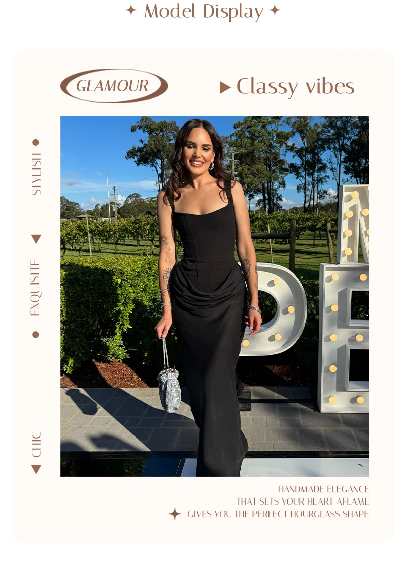 VC Elegant Yellow Bodycon Maxi Dress For Women Square Neck Sleeveless Lace-up Corset Waist Slim Fit Evening Party Long Dresses