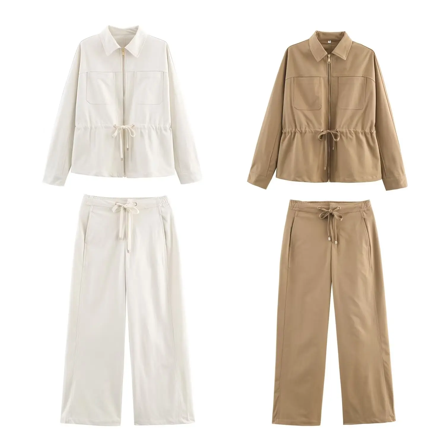 HH Female Causal Pants Suits Long Sleeves Solid Zipper Bomber Jackets+Drawstring Pants Autumn Fashion Safari Wear Khaki Set
