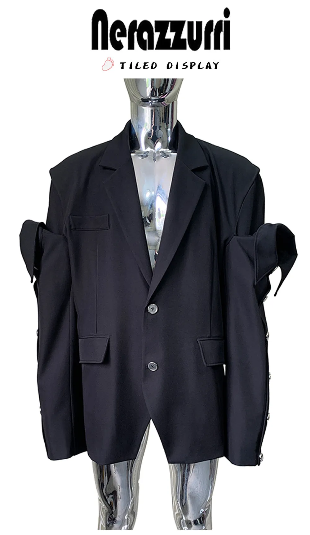 Nerazzurri Spring Autumn Black Oversized Blazers for Men Shoulder Pads Single Breasted Punk Style Fake 2 Piece Menswear Clothes