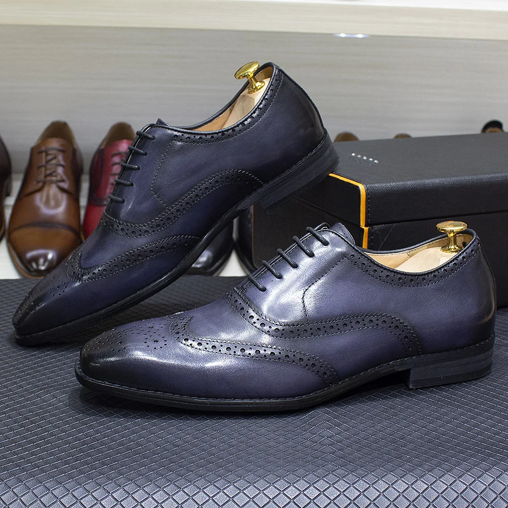 Size 7-12 Handmade Men's Wingtip Oxford Shoes Genuine Calfskin Leather Brogue Dress Shoes Classic Business Formal Shoes for Men