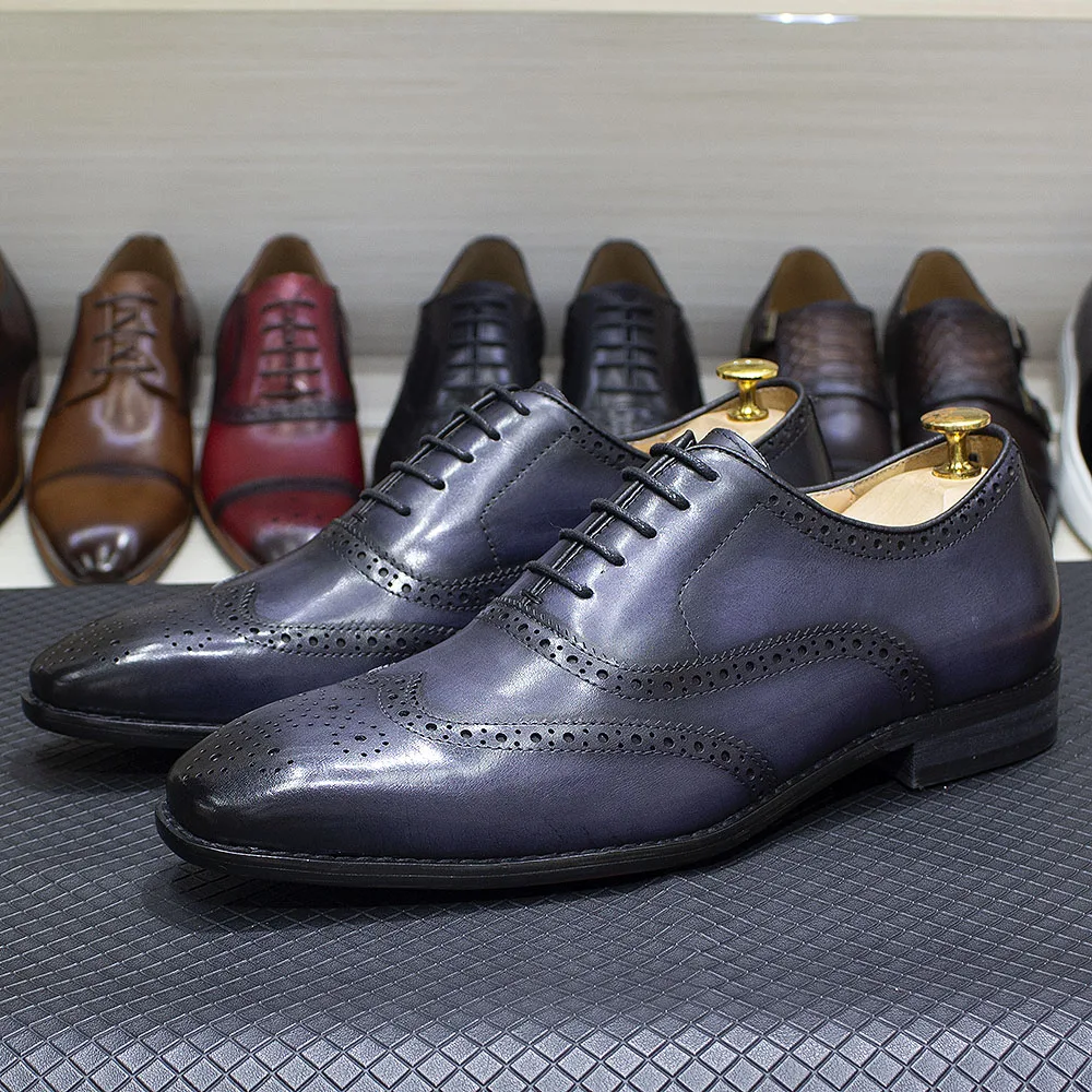 Size 7-12 Handmade Men's Wingtip Oxford Shoes Genuine Calfskin Leather Brogue Dress Shoes Classic Business Formal Shoes for Men