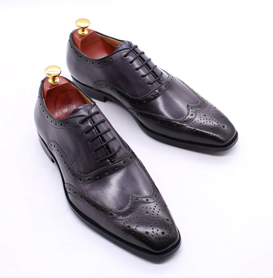 Size 7-12 Handmade Men's Wingtip Oxford Shoes Genuine Calfskin Leather Brogue Dress Shoes Classic Business Formal Shoes for Men