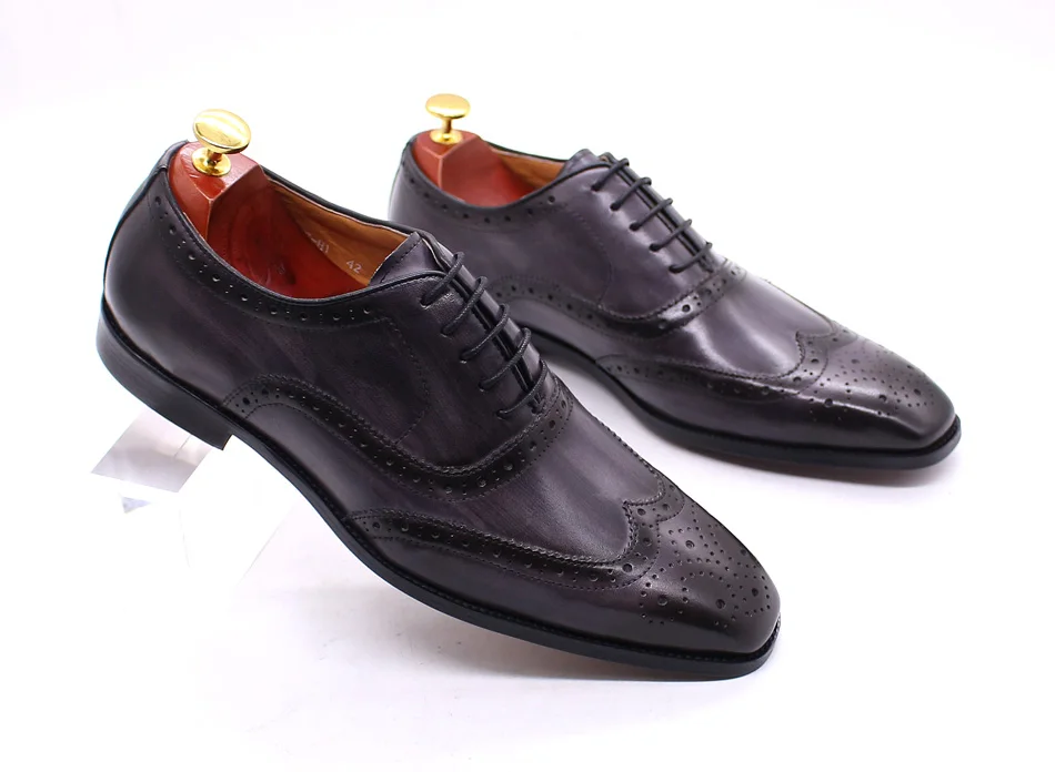 Size 7-12 Handmade Men's Wingtip Oxford Shoes Genuine Calfskin Leather Brogue Dress Shoes Classic Business Formal Shoes for Men