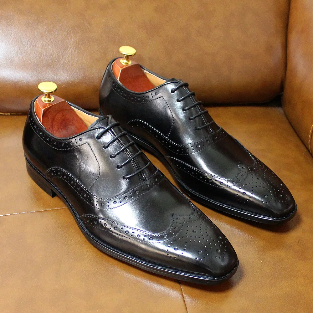 Size 7-12 Handmade Men's Wingtip Oxford Shoes Genuine Calfskin Leather Brogue Dress Shoes Classic Business Formal Shoes for Men