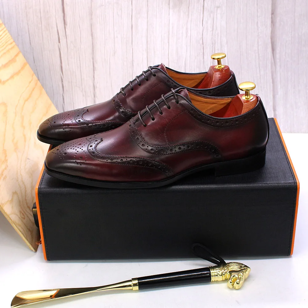 Size 7-12 Handmade Men's Wingtip Oxford Shoes Genuine Calfskin Leather Brogue Dress Shoes Classic Business Formal Shoes for Men