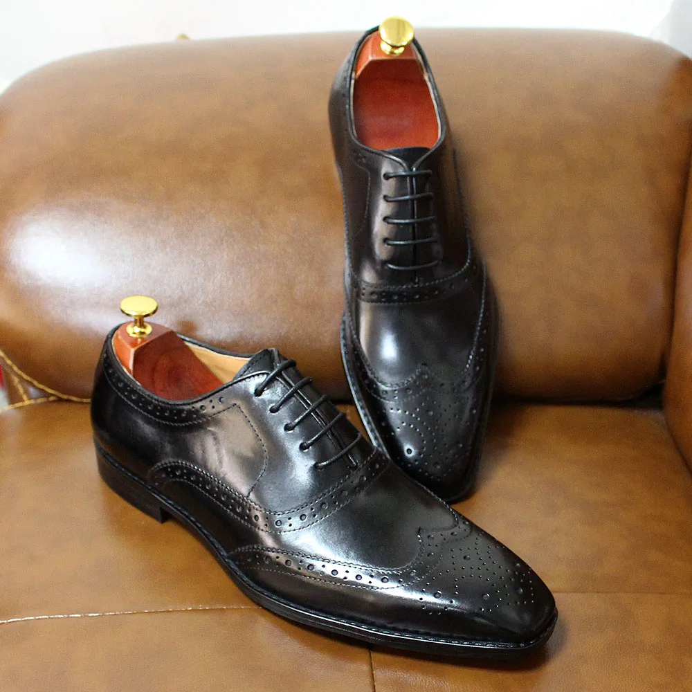 Size 7-12 Handmade Men's Wingtip Oxford Shoes Genuine Calfskin Leather Brogue Dress Shoes Classic Business Formal Shoes for Men