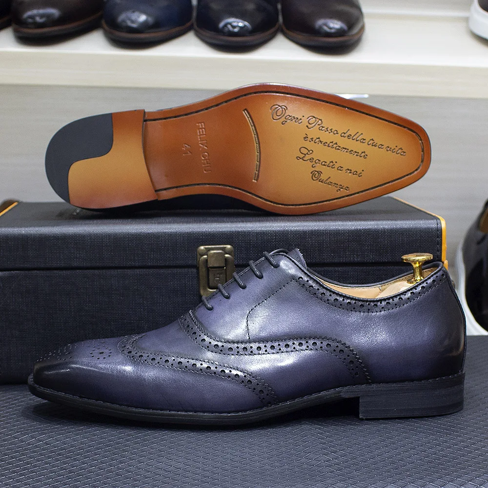 Size 7-12 Handmade Men's Wingtip Oxford Shoes Genuine Calfskin Leather Brogue Dress Shoes Classic Business Formal Shoes for Men