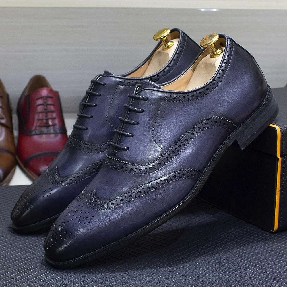 Size 7-12 Handmade Men's Wingtip Oxford Shoes Genuine Calfskin Leather Brogue Dress Shoes Classic Business Formal Shoes for Men