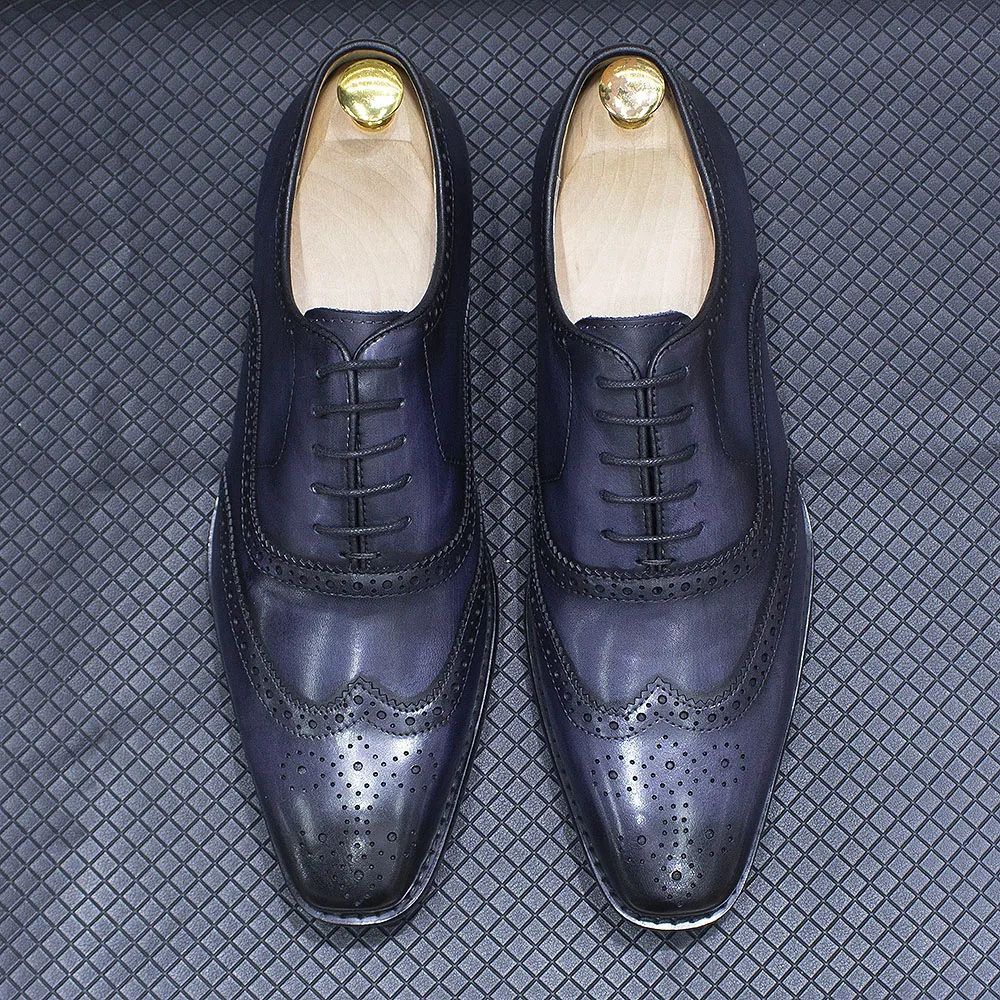 Size 7-12 Handmade Men's Wingtip Oxford Shoes Genuine Calfskin Leather Brogue Dress Shoes Classic Business Formal Shoes for Men