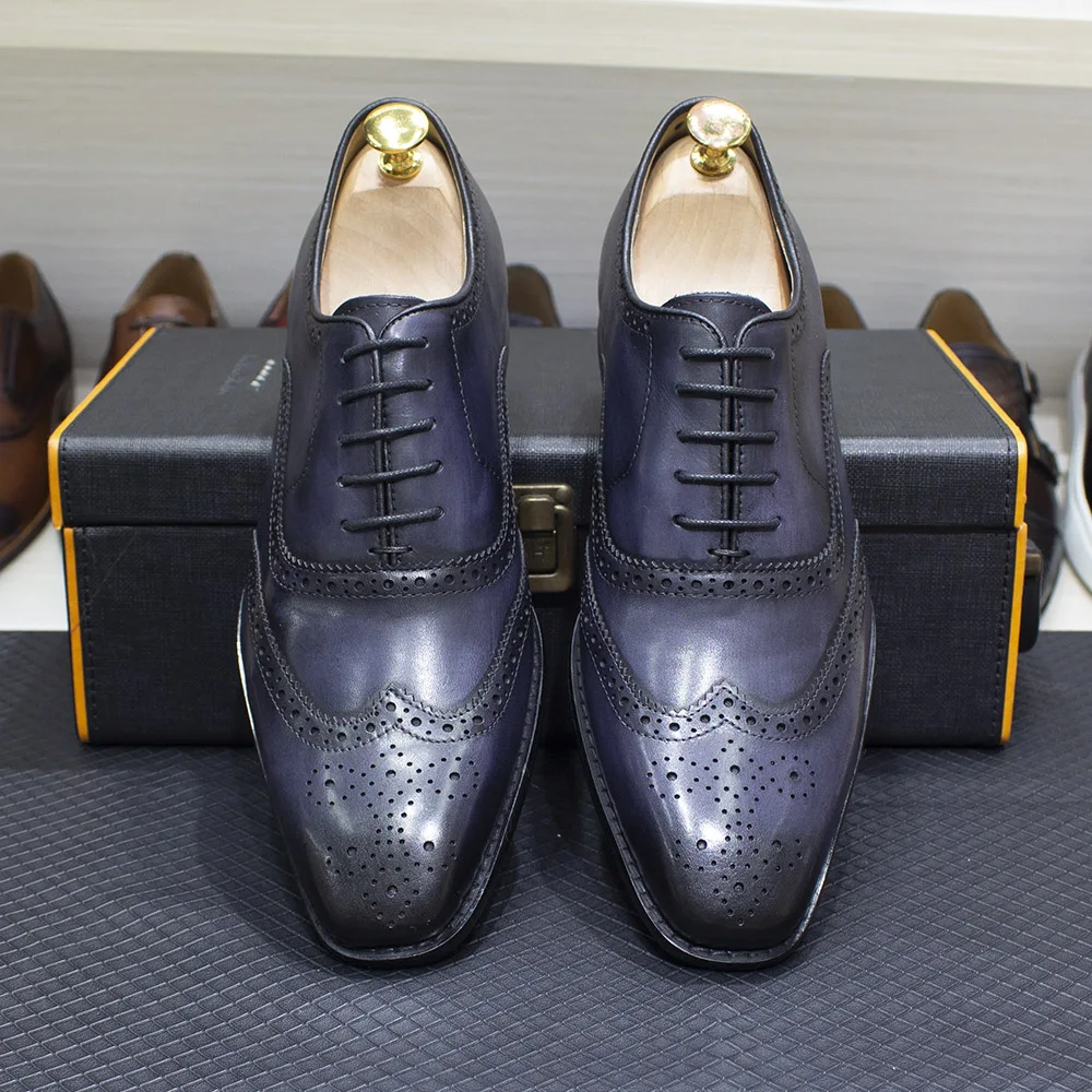 Size 7-12 Handmade Men's Wingtip Oxford Shoes Genuine Calfskin Leather Brogue Dress Shoes Classic Business Formal Shoes for Men