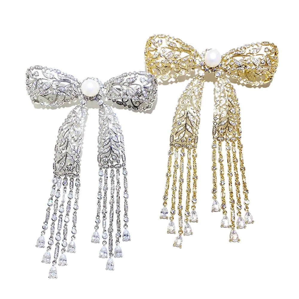 Exquisite Micro-inlaid Zircon Long Tassel Bow Brooches for Women Luxury Designer Broche Pin Clothes Fashionable Accessories