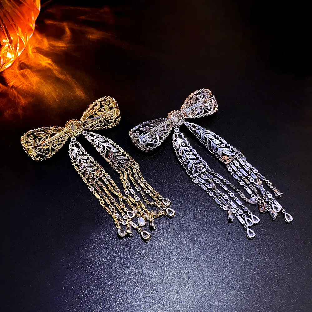 Exquisite Micro-inlaid Zircon Long Tassel Bow Brooches for Women Luxury Designer Broche Pin Clothes Fashionable Accessories