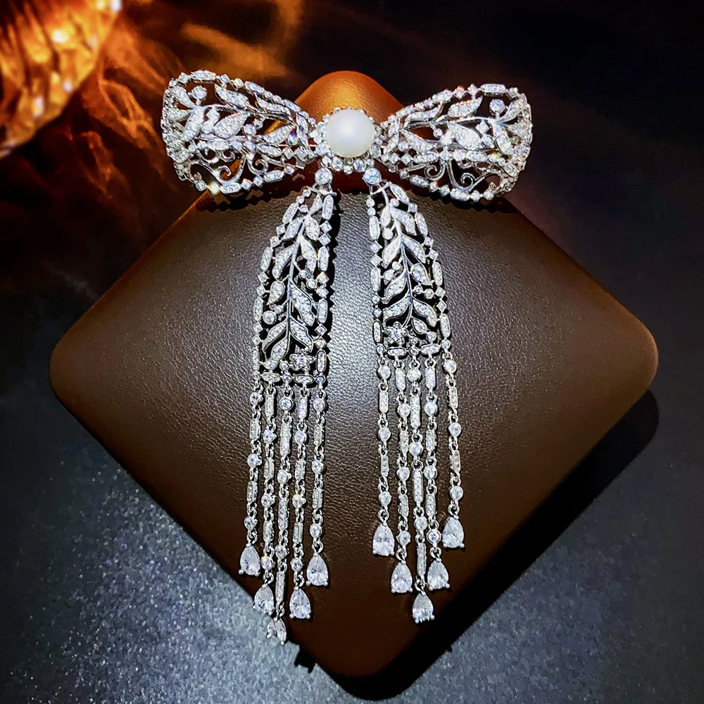 Exquisite Micro-inlaid Zircon Long Tassel Bow Brooches for Women Luxury Designer Broche Pin Clothes Fashionable Accessories