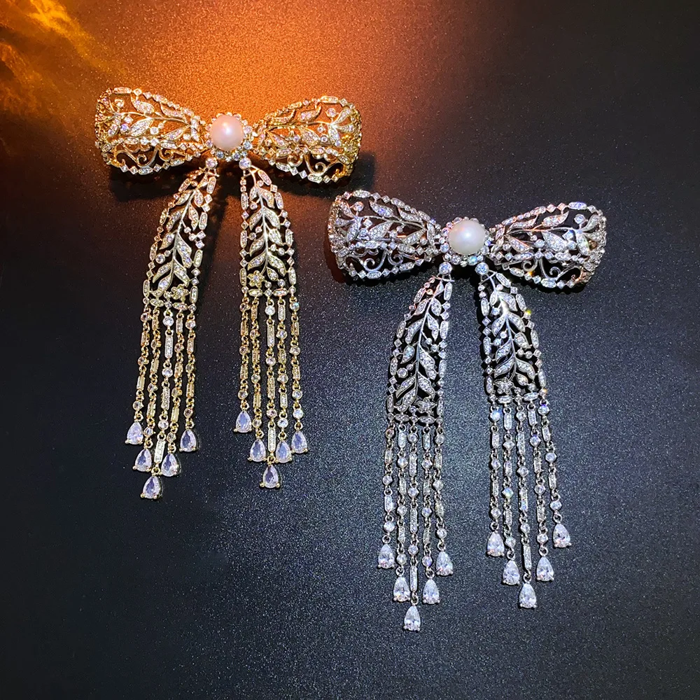 Exquisite Micro-inlaid Zircon Long Tassel Bow Brooches for Women Luxury Designer Broche Pin Clothes Fashionable Accessories