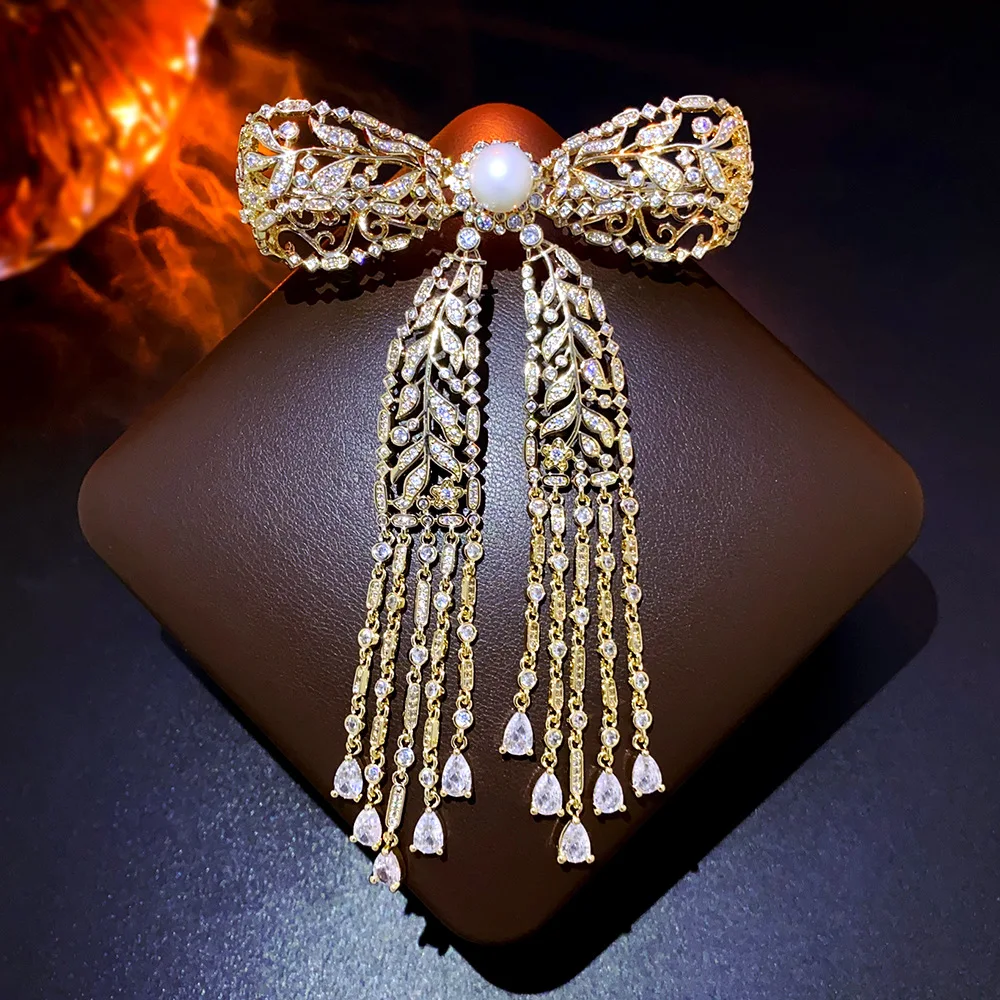 Exquisite Micro-inlaid Zircon Long Tassel Bow Brooches for Women Luxury Designer Broche Pin Clothes Fashionable Accessories