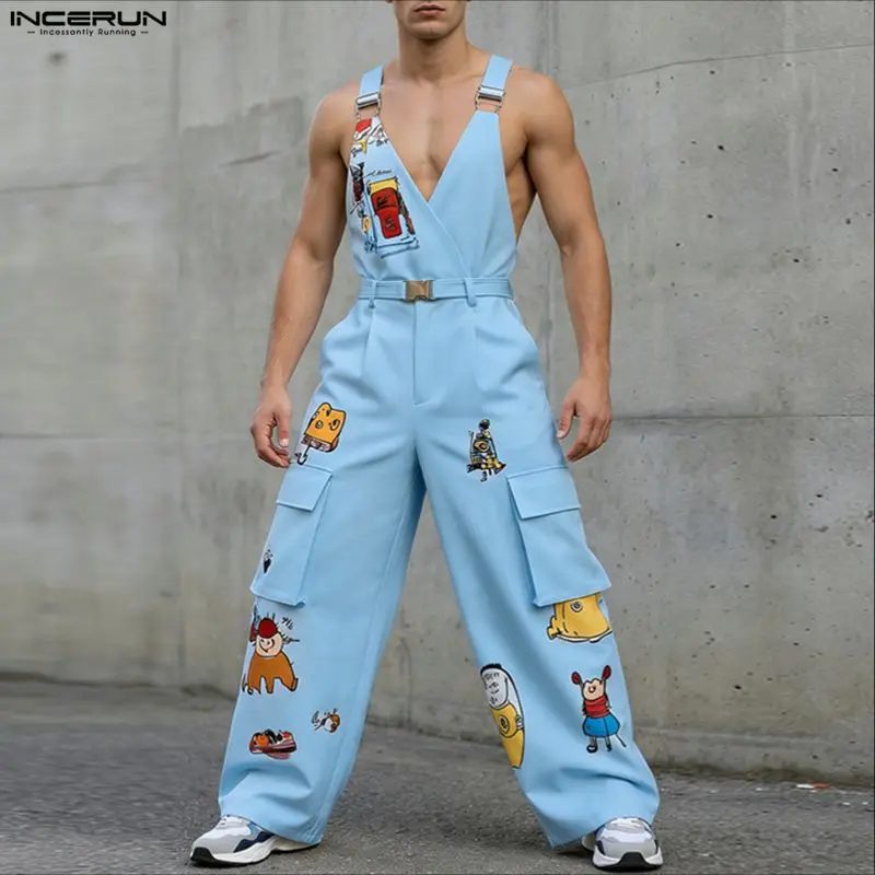INCERUN Men's Jumpsuits Printing V Neck Sleeveless Straps Rompers For Man Streetwear Loose Pockets Fashion Pants Male Overalls