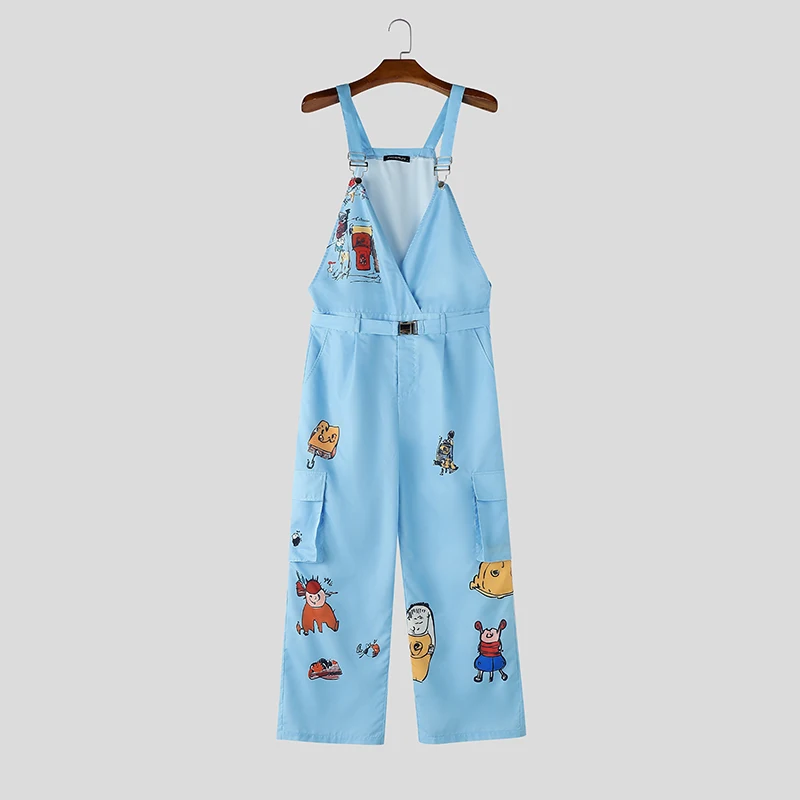 INCERUN Men's Jumpsuits Printing V Neck Sleeveless Straps Rompers For Man Streetwear Loose Pockets Fashion Pants Male Overalls