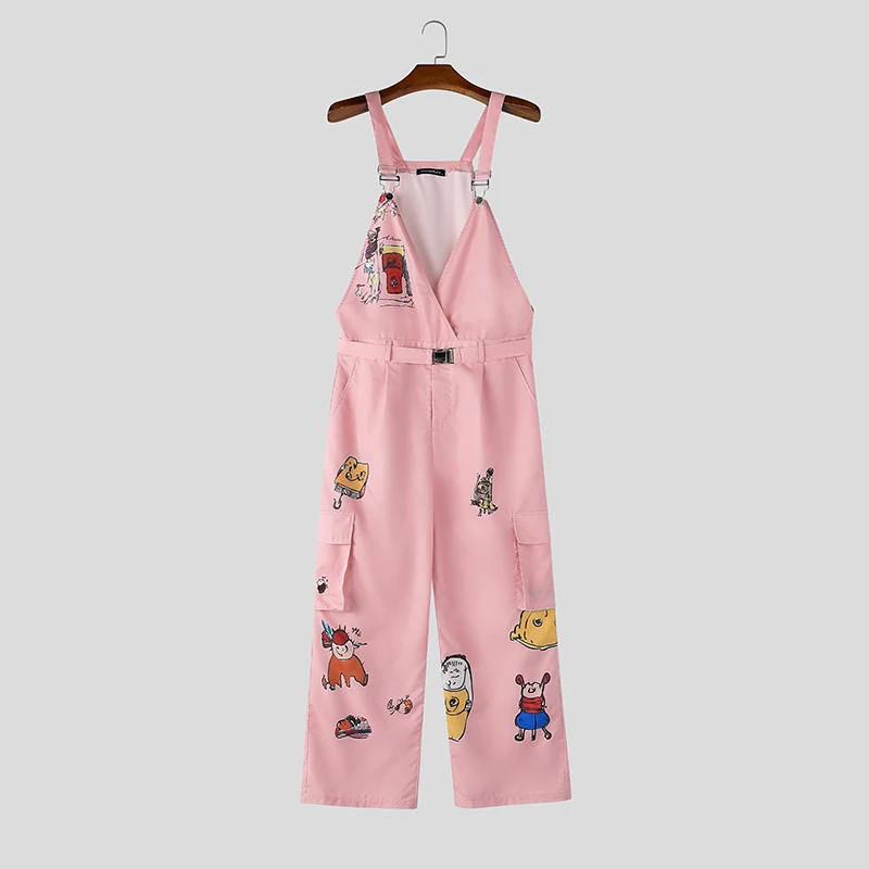 INCERUN Men's Jumpsuits Printing V Neck Sleeveless Straps Rompers For Man Streetwear Loose Pockets Fashion Pants Male Overalls