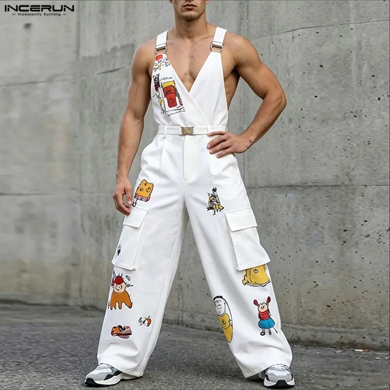 INCERUN Men's Jumpsuits Printing V Neck Sleeveless Straps Rompers For Man Streetwear Loose Pockets Fashion Pants Male Overalls