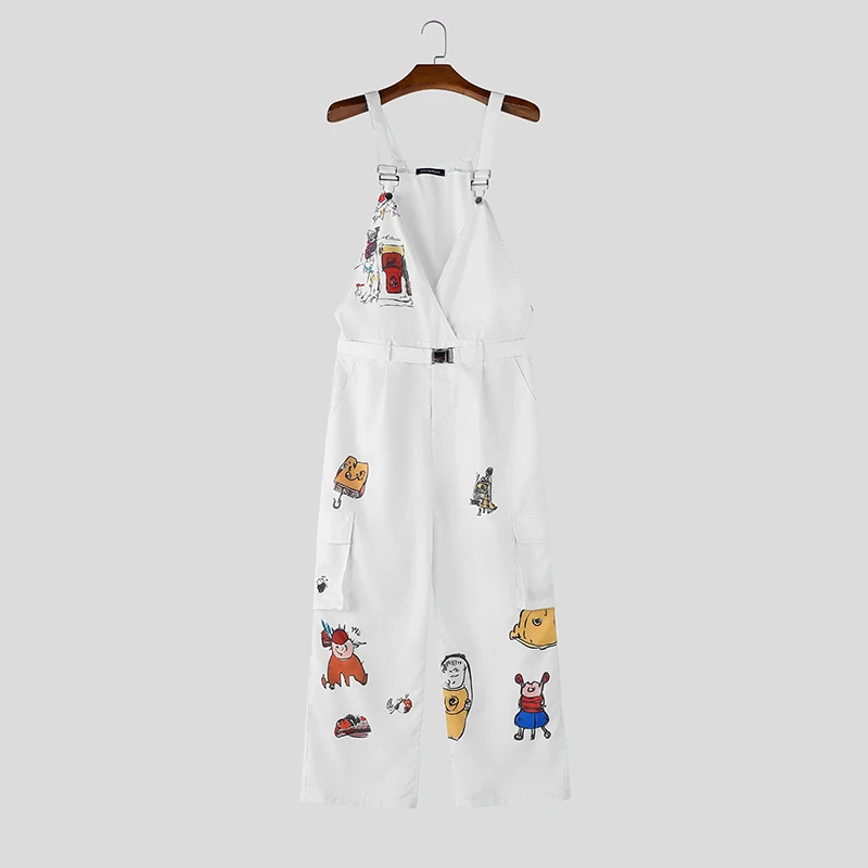 INCERUN Men's Jumpsuits Printing V Neck Sleeveless Straps Rompers For Man Streetwear Loose Pockets Fashion Pants Male Overalls