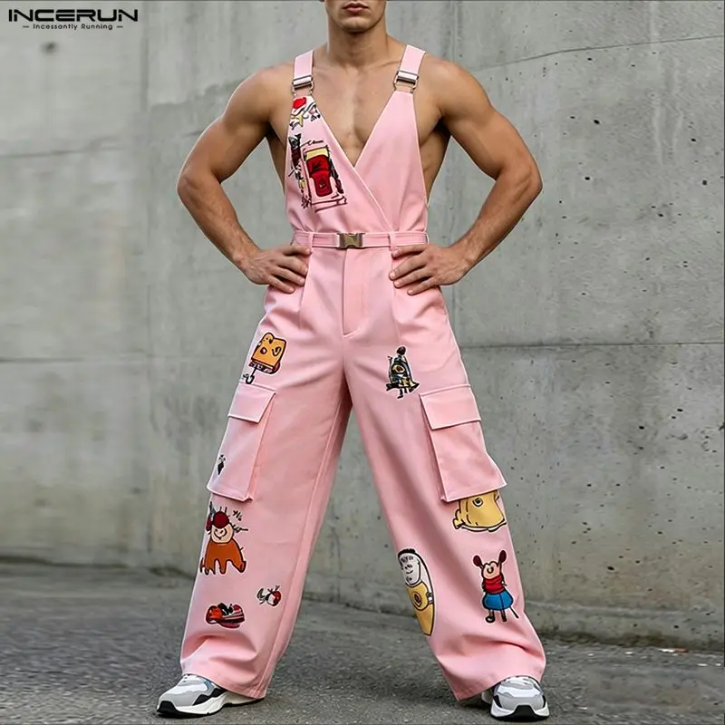 INCERUN Men's Jumpsuits Printing V Neck Sleeveless Straps Rompers For Man Streetwear Loose Pockets Fashion Pants Male Overalls