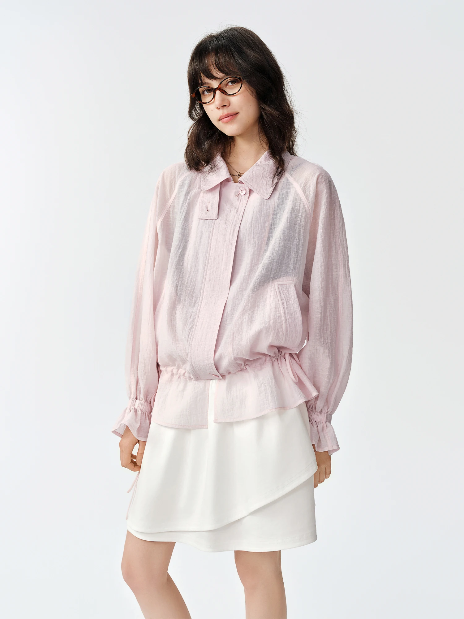 DUSHU Women's 2026 Autumn New Arrival Lyocell Pink Shirt Jacket Drawstring Waist Slim Fit Lightweight Sun Protection Outerwear
