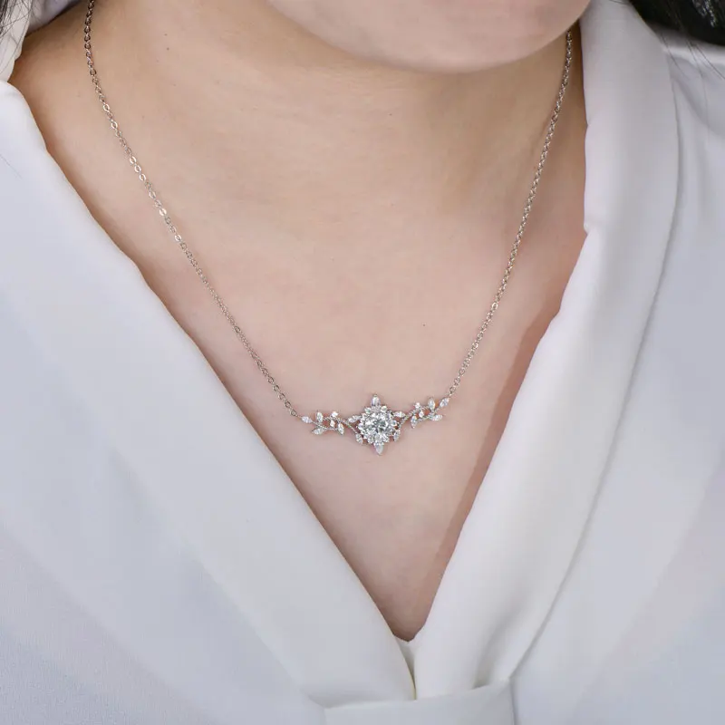 Lnngy Certificated Moissanite Necklace 14K Gold Filled Sophisticated Floral Leaf Pendant Necklaces for Women Wedding Jewelry