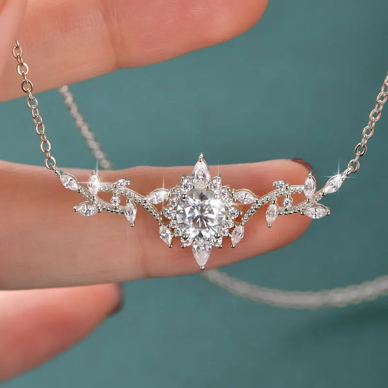 Lnngy Certificated Moissanite Necklace 14K Gold Filled Sophisticated Floral Leaf Pendant Necklaces for Women Wedding Jewelry