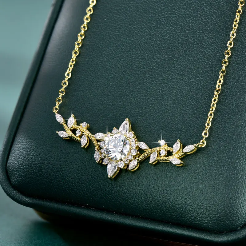 Lnngy Certificated Moissanite Necklace 14K Gold Filled Sophisticated Floral Leaf Pendant Necklaces for Women Wedding Jewelry
