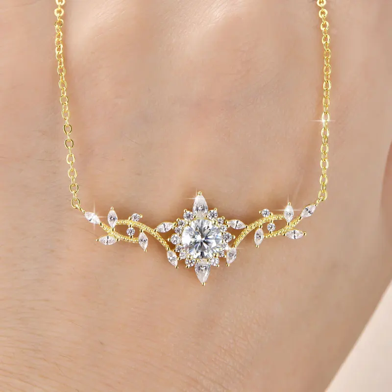 Lnngy Certificated Moissanite Necklace 14K Gold Filled Sophisticated Floral Leaf Pendant Necklaces for Women Wedding Jewelry