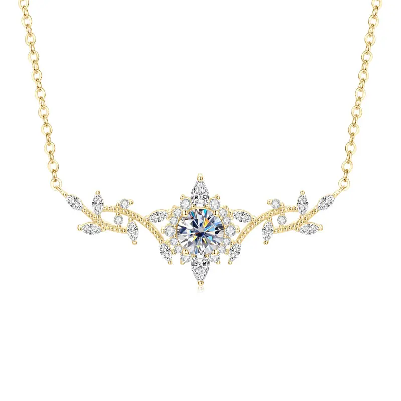 Lnngy Certificated Moissanite Necklace 14K Gold Filled Sophisticated Floral Leaf Pendant Necklaces for Women Wedding Jewelry
