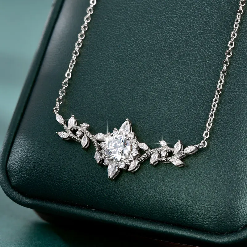 Lnngy Certificated Moissanite Necklace 14K Gold Filled Sophisticated Floral Leaf Pendant Necklaces for Women Wedding Jewelry