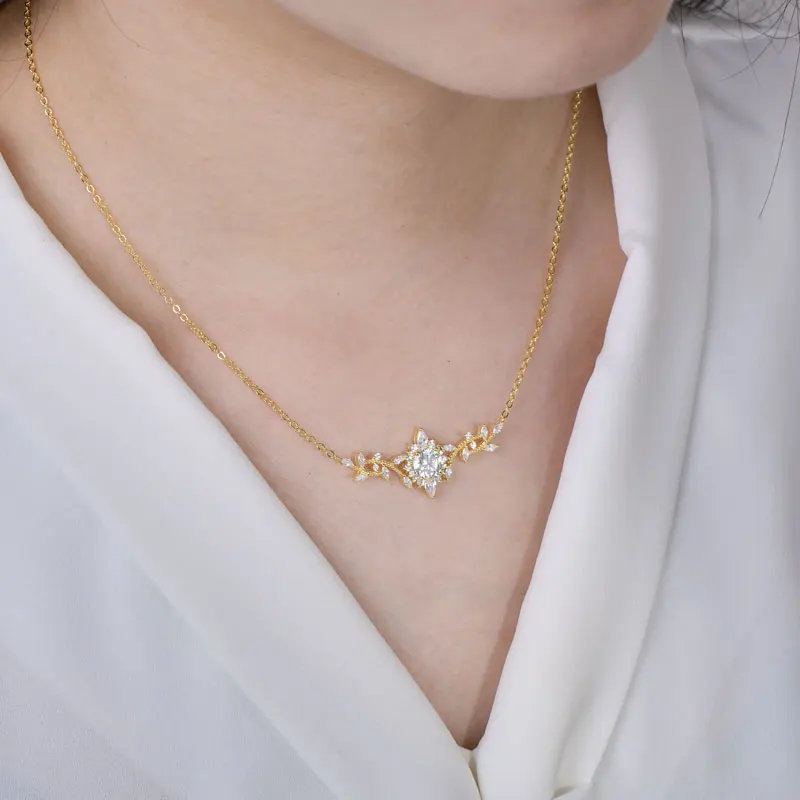 Lnngy Certificated Moissanite Necklace 14K Gold Filled Sophisticated Floral Leaf Pendant Necklaces for Women Wedding Jewelry