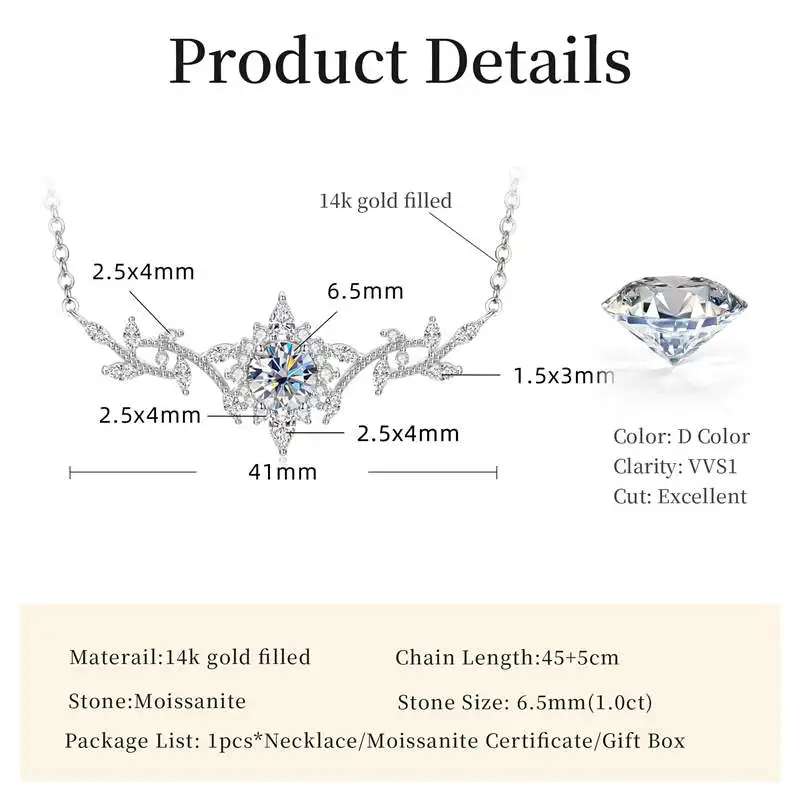 Lnngy Certificated Moissanite Necklace 14K Gold Filled Sophisticated Floral Leaf Pendant Necklaces for Women Wedding Jewelry