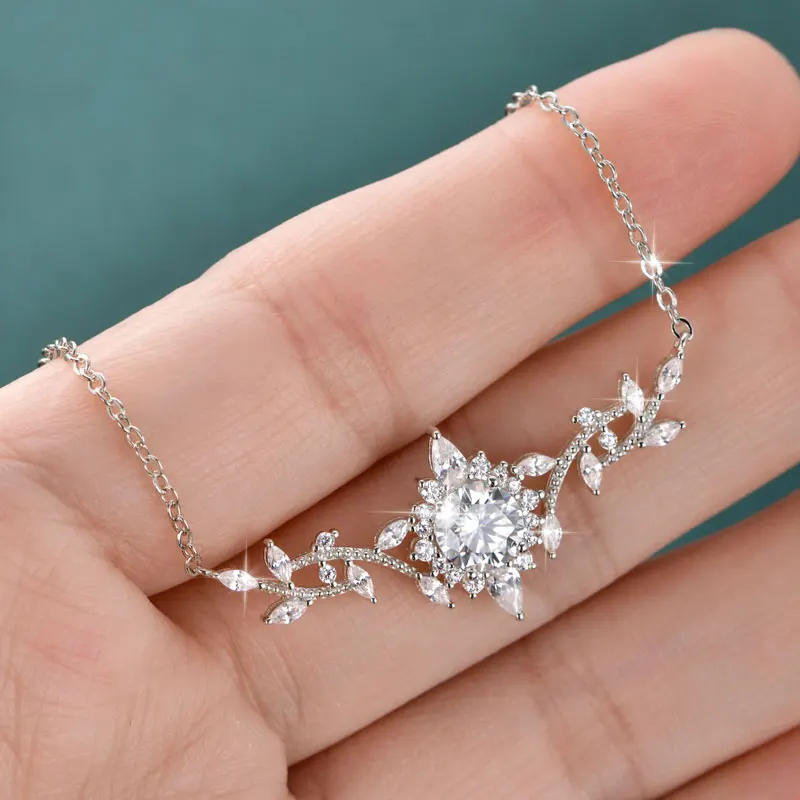 Lnngy Certificated Moissanite Necklace 14K Gold Filled Sophisticated Floral Leaf Pendant Necklaces for Women Wedding Jewelry