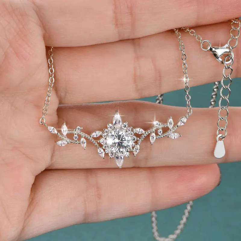 Lnngy Certificated Moissanite Necklace 14K Gold Filled Sophisticated Floral Leaf Pendant Necklaces for Women Wedding Jewelry